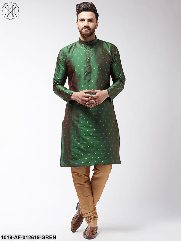 Men's Silk Blend Dark Green Kurta & Gold Churidar Pyjama Set - Sojanya