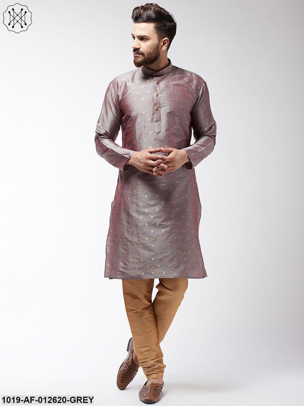 Men's Silk Blend Grey Kurta & Gold Churidar Pyjama Set - Sojanya