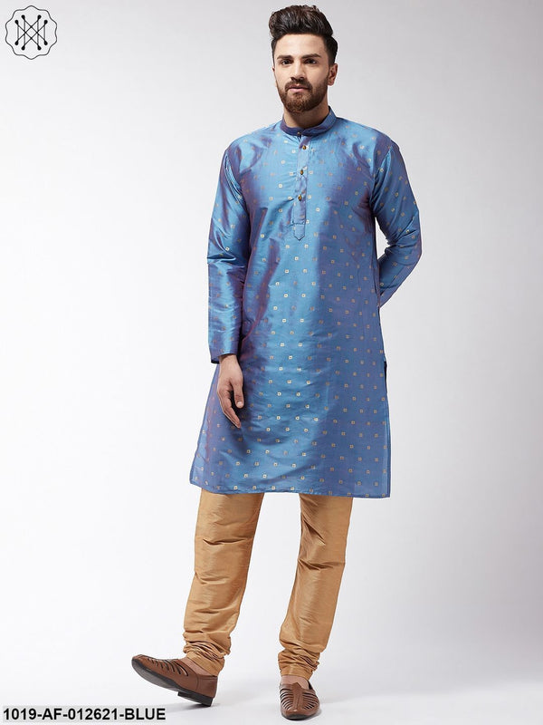 Men's Silk Blend Blue Kurta & Gold Churidar Pyjama Set - Sojanya