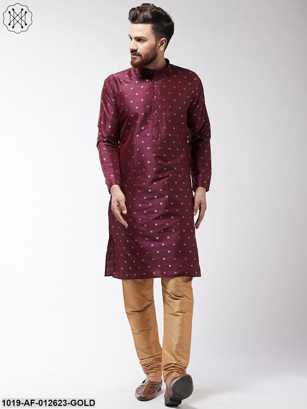 Men's Silk Blend Wine Kurta & Gold Churidar Pyjama Set - Sojanya