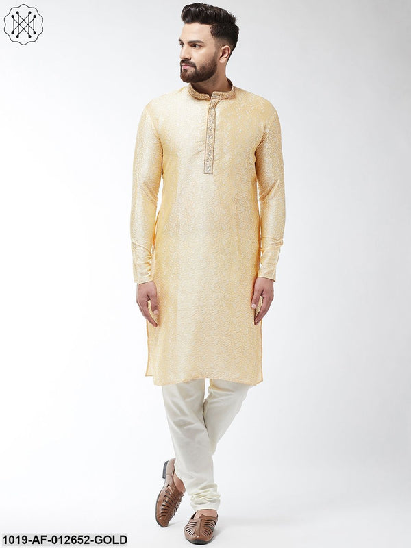 Men's Silk Blend Gold Kurta And Off White Churidar Pyjama Set - Sojanya