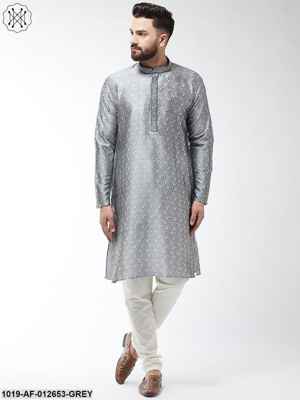 Men's Silk Blend Grey Kurta And Off White Churidar Pyjama Set - Sojanya