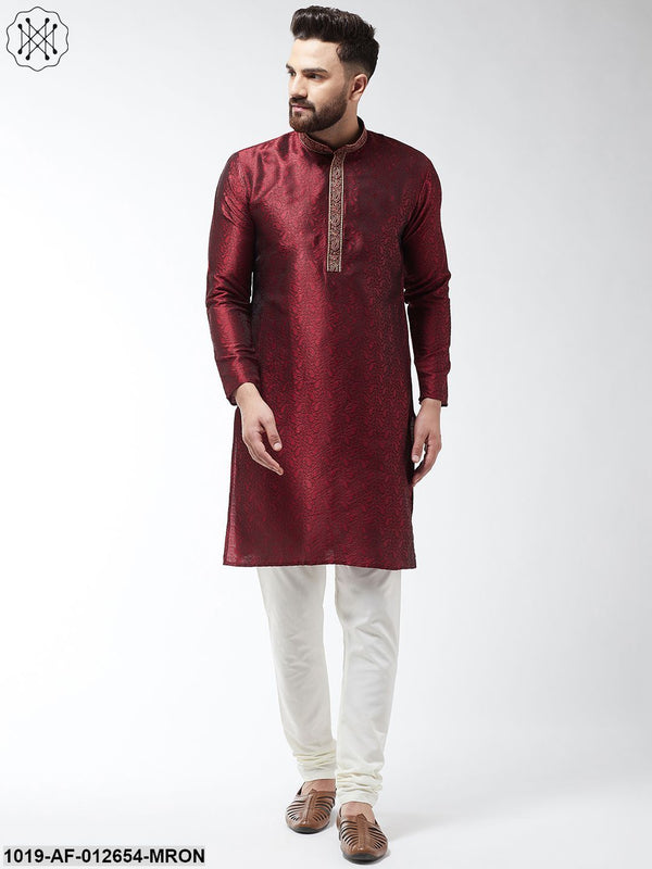 Men's Silk Blend Maroon Kurta And Off White Churidar Pyjama Set - Sojanya