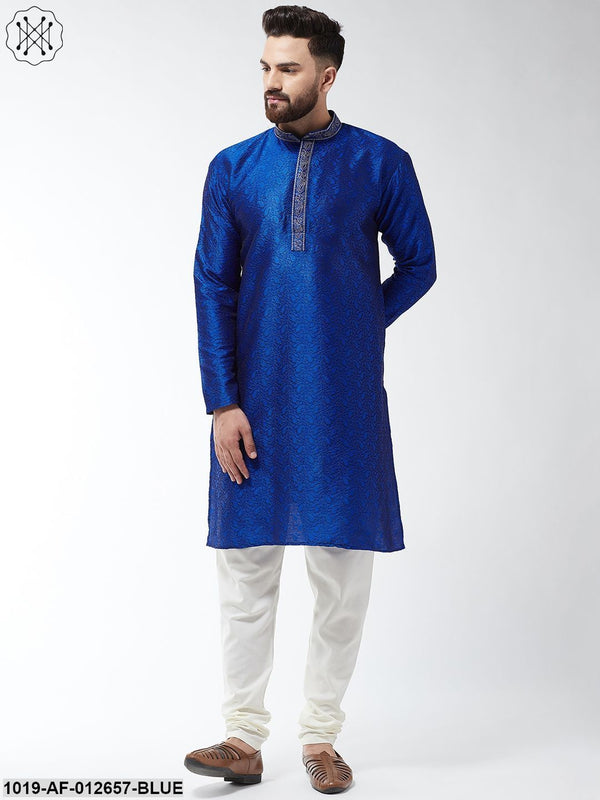 Men's Silk Blend Royal Blue Kurta And Off White Churidar Pyjama Set - Sojanya