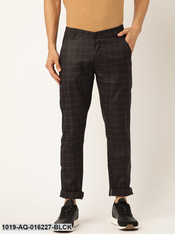 Men's Cotton Blend Black & Blue Checked Casual Trousers - Sojanya