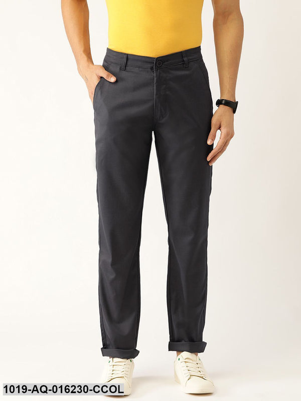 Men's Cotton Blend Charcoal Grey Solid Casual Trousers - Sojanya