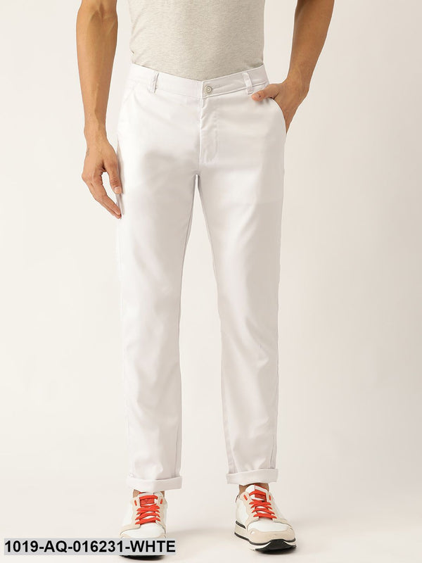 Men's Cotton Blend White Solid Casual Trousers - Sojanya