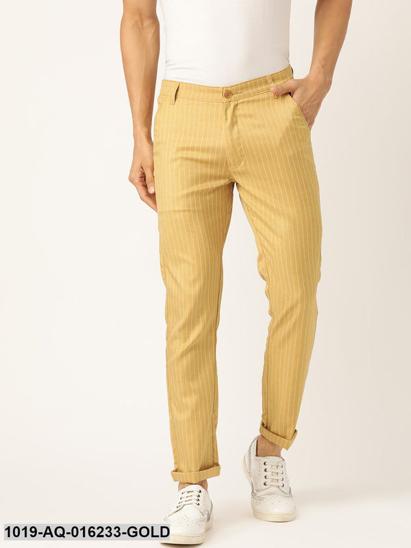 Men's Cotton Blend Gold & Off-white Striped Casual Trousers - Sojanya