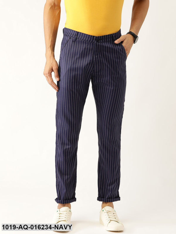 Men's Cotton Blend Navy Blue & Off-white Striped Casual Trousers - Sojanya