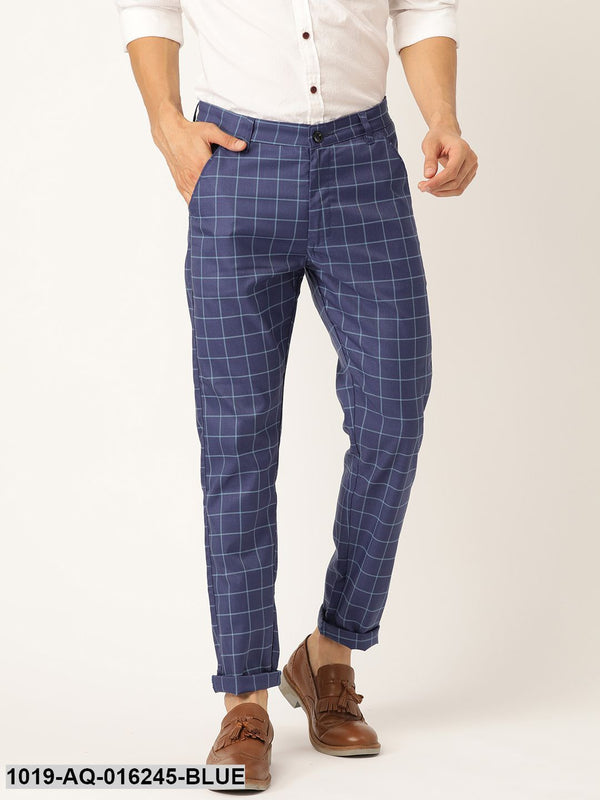 Men's Cotton Blend Royal Blue & Blue Checked Casual Trousers - Sojanya