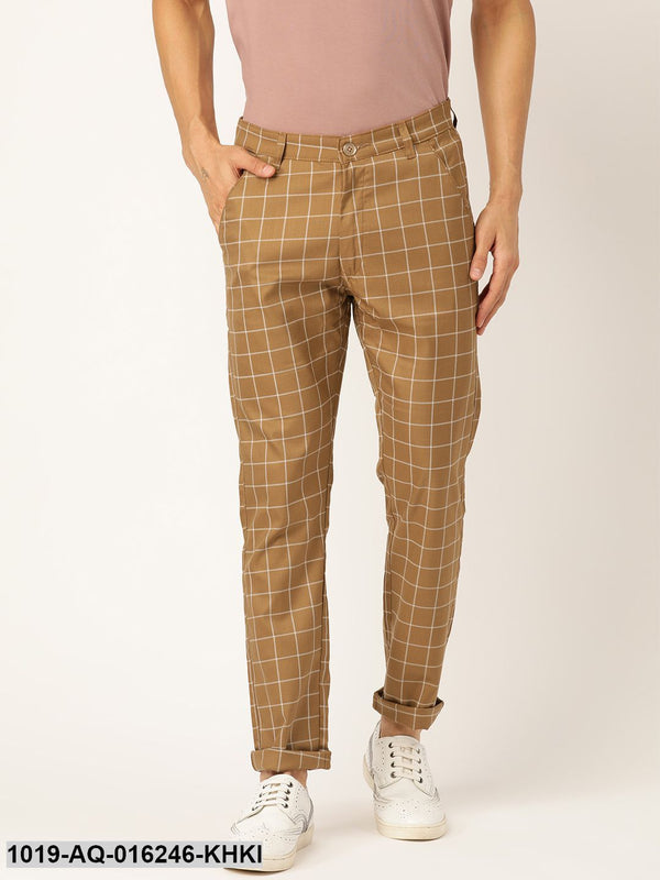 Men's Cotton Blend Khaki & Off-white Checked Casual Trousers - Sojanya