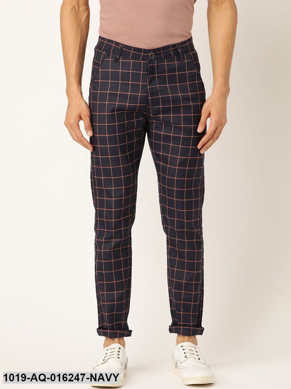 Men's Cotton Blend Navy Blue & Red Checked Casual Trousers - Sojanya