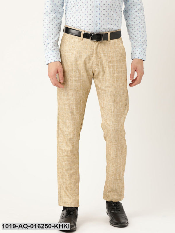 Men's Cotton Blend Khaki & Off White Checked Formal Trousers - Sojanya