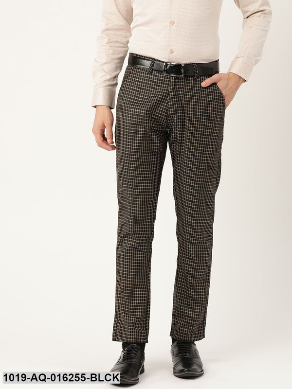 Men's Cotton Blend Black & Beige Checked Formal Trousers - Sojanya