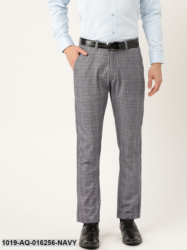 Men's Cotton Blend Navy Blue & Off White Checked Formal Trousers - Sojanya