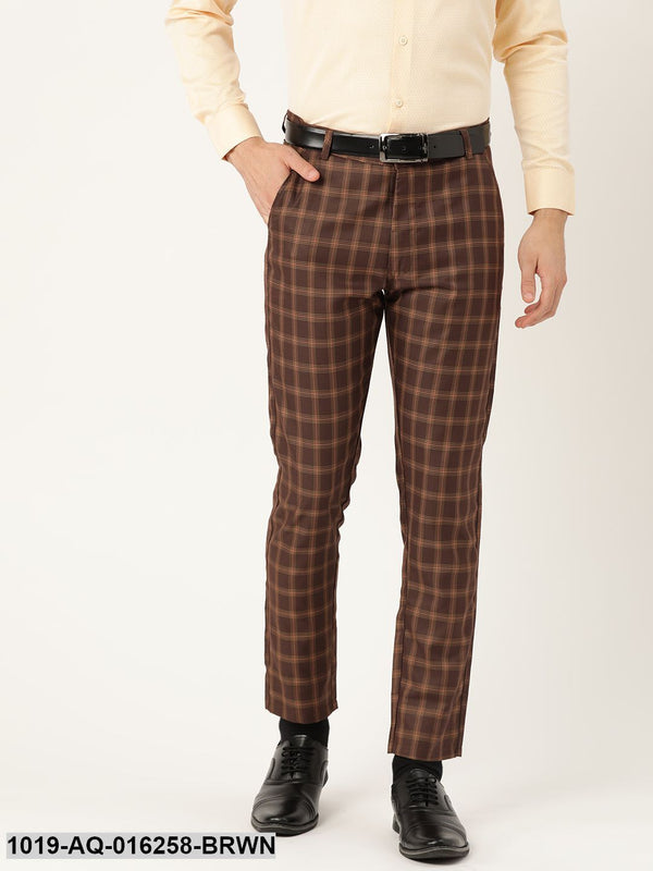 Men's Cotton Blend Brown & Mustard Checked Formal Trousers - Sojanya