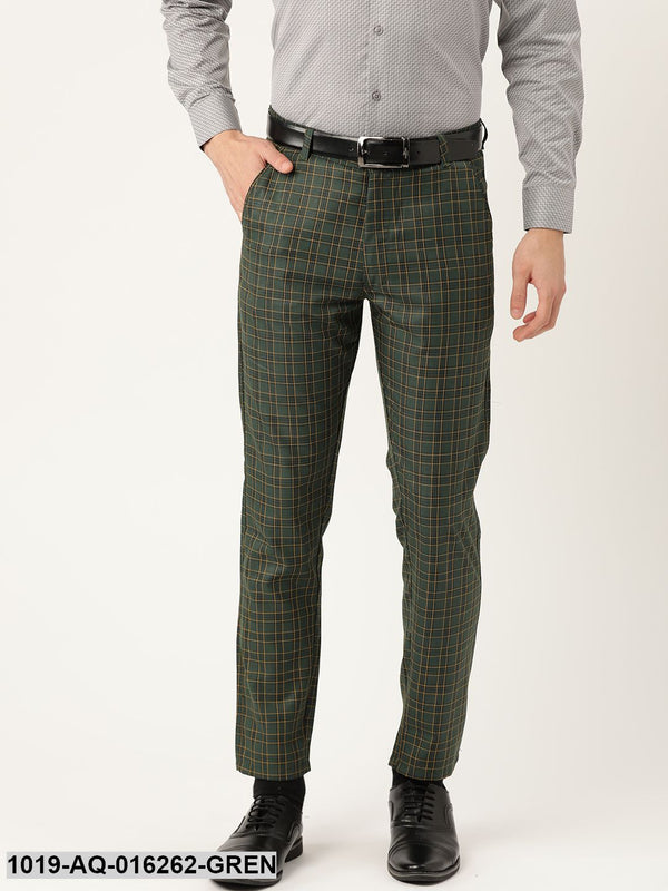 Men's Cotton Blend Dark Green & Yellow Checked Formal Trousers - Sojanya