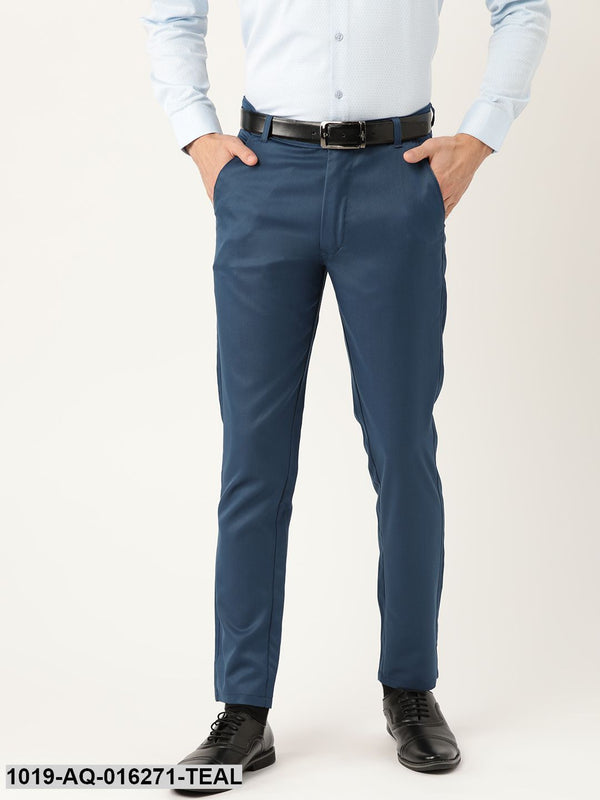 Men's Cotton Blend Teal Blue Solid Formal Trousers - Sojanya