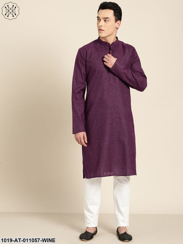 Men's Cotton Wine Striped Only Kurta - Sojanya