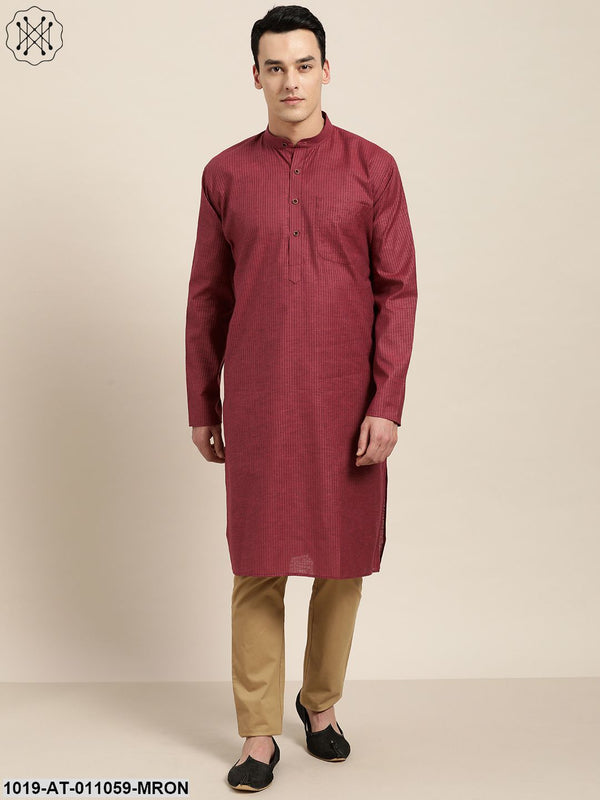 Men's Cotton Maroon Striped Only Kurta - Sojanya