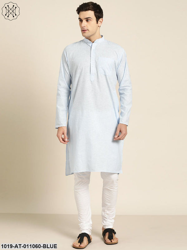 Men's Cotton Sky Blue & White Striped Only Kurta - Sojanya