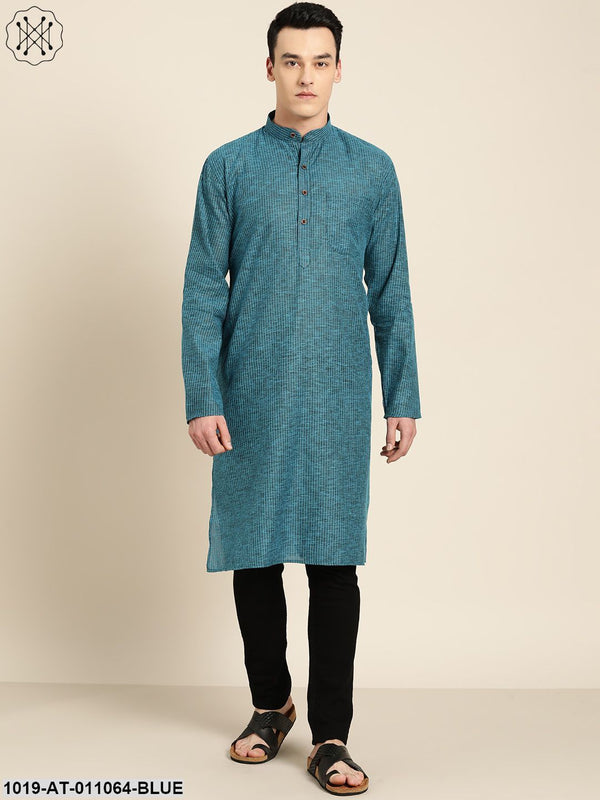 Men's Cotton Teal Blue Striped Only Kurta - Sojanya