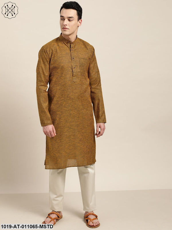 Men's Cotton Mustard& Dark Brown Striped Only Kurta - Sojanya