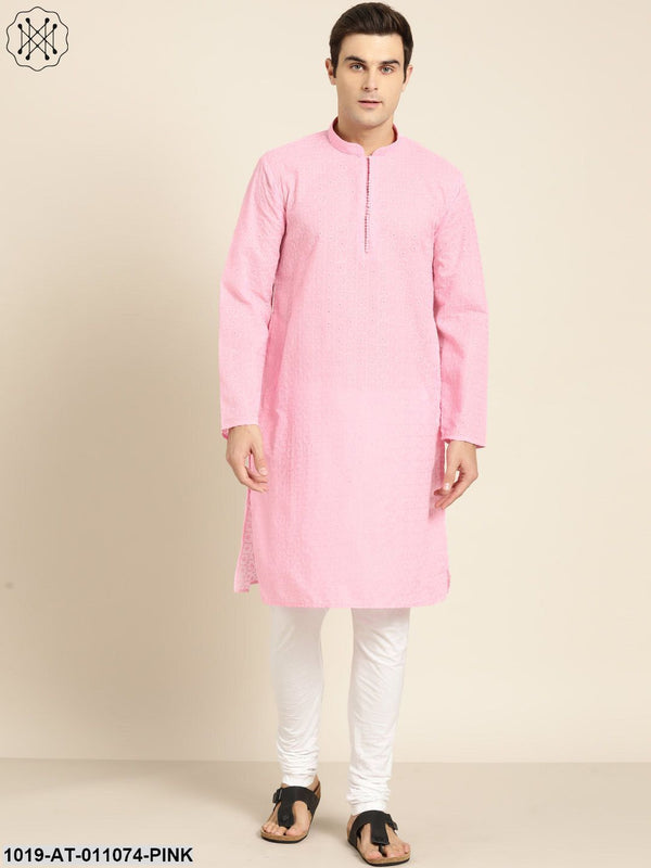 Men's Pure Cotton Pink Embroidered Only Kurta - Sojanya