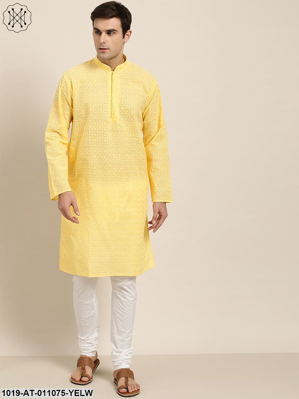 Men's Pure Cotton Yellow Embroidered Only Kurta - Sojanya