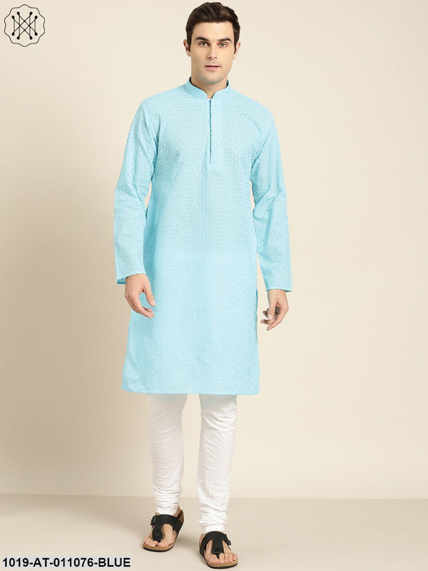 Men's Pure Cotton Sky Blue Embroidered Only Kurta - Sojanya