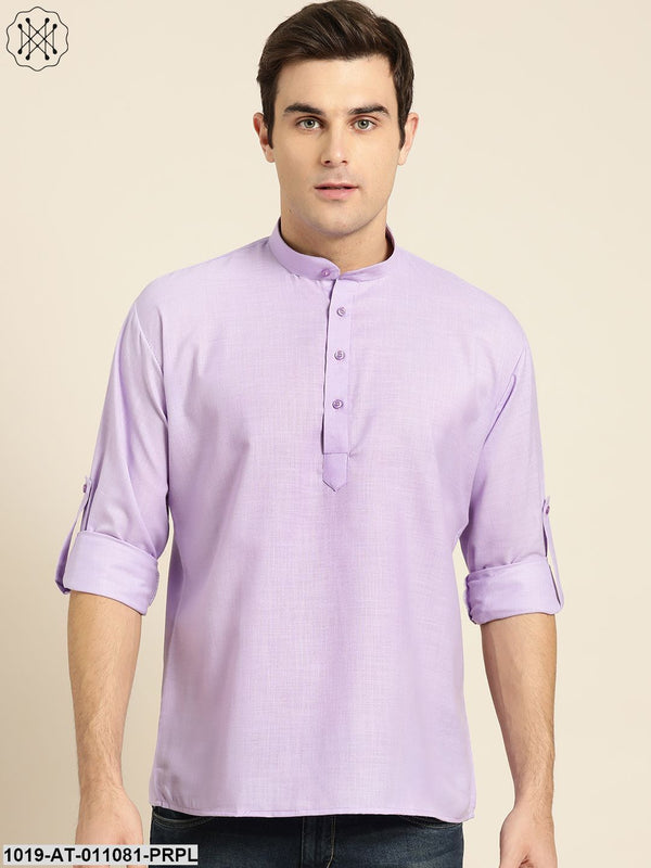 Men's Cotton Purple Solid Short Kurta - Sojanya