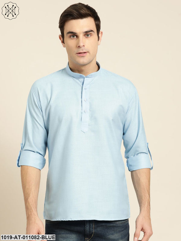 Men's Cotton Blue Solid Short Kurta - Sojanya