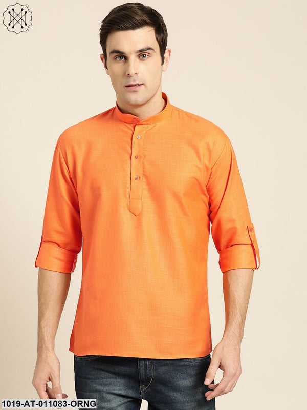 Men's Cotton Orange Solid Short Kurta - Sojanya