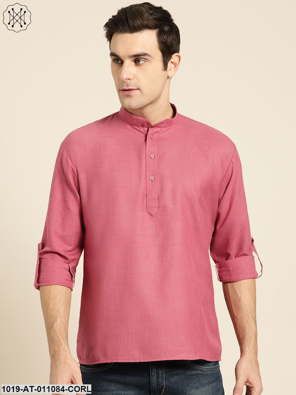 Men's Cotton Dark Coral Solid Short Kurta - Sojanya