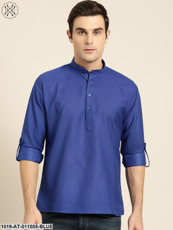 Men's Cotton Royal Blue Solid Short Kurta - Sojanya