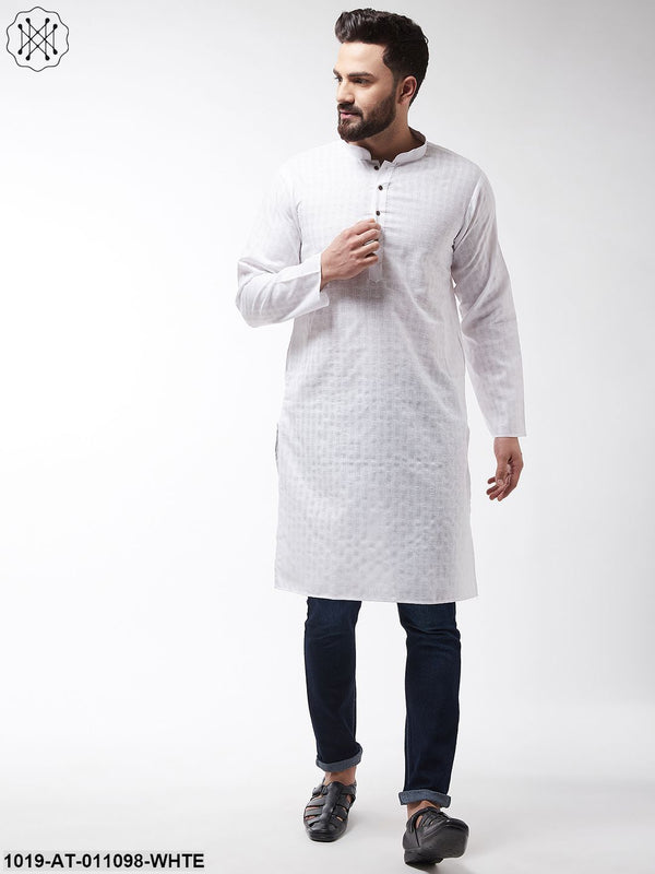 Men's Cotton Blend White Woven Design Only Long Kurta - Sojanya