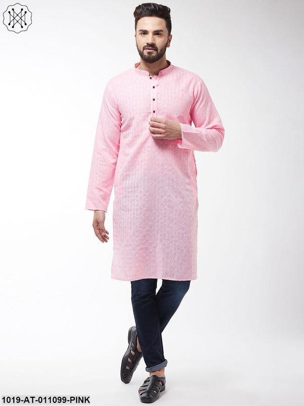 Men's Cotton Blend Pink Woven Design Only Long Kurta - Sojanya