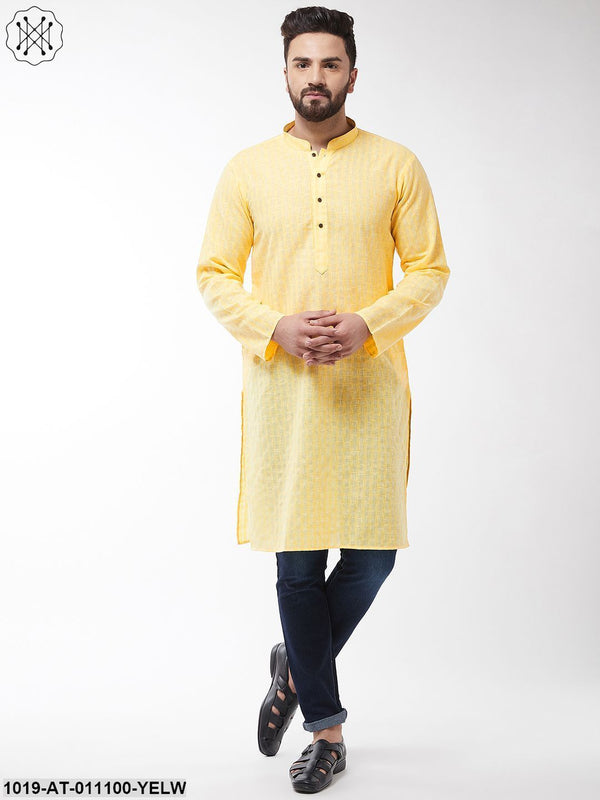 Men's Cotton Blend Yellow Woven Design Only Long Kurta - Sojanya