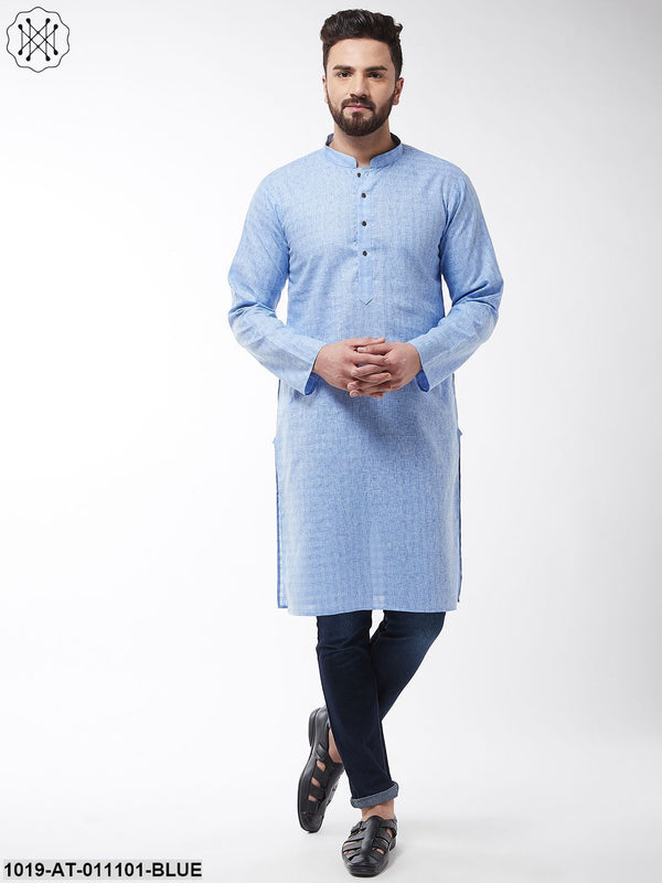 Men's Cotton Blend Blue Woven Design Only Long Kurta - Sojanya