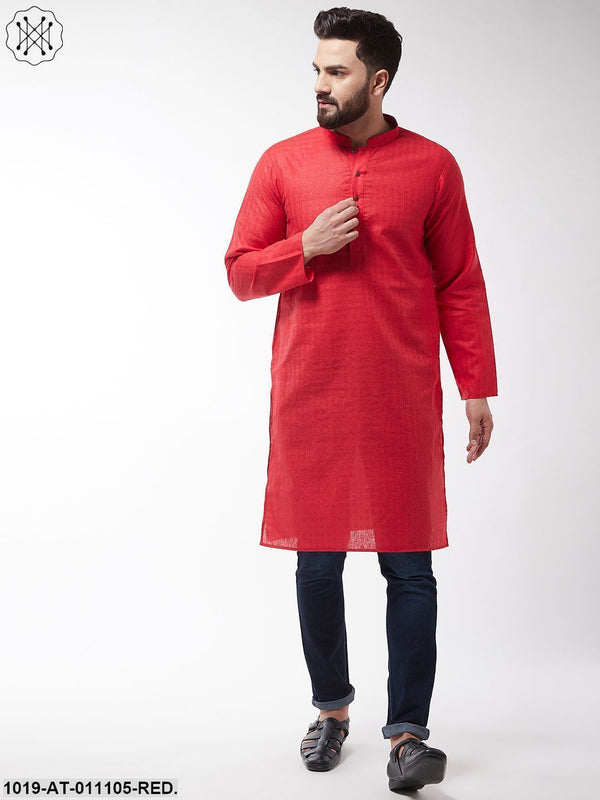 Men's Cotton Blend Red Woven Design Only Long Kurta - Sojanya