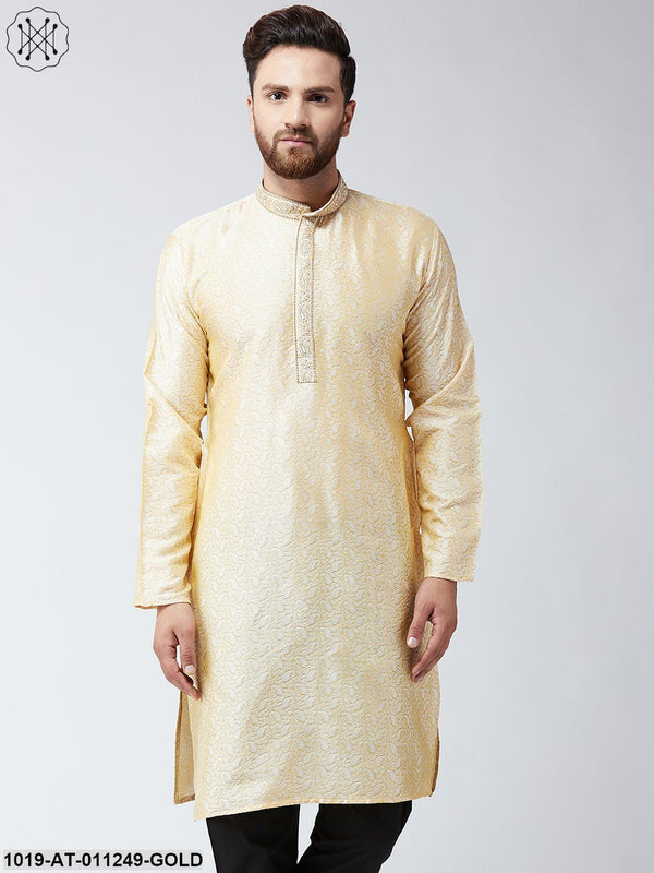 Men's Gold Self Design Only Long Kurta - Sojanya