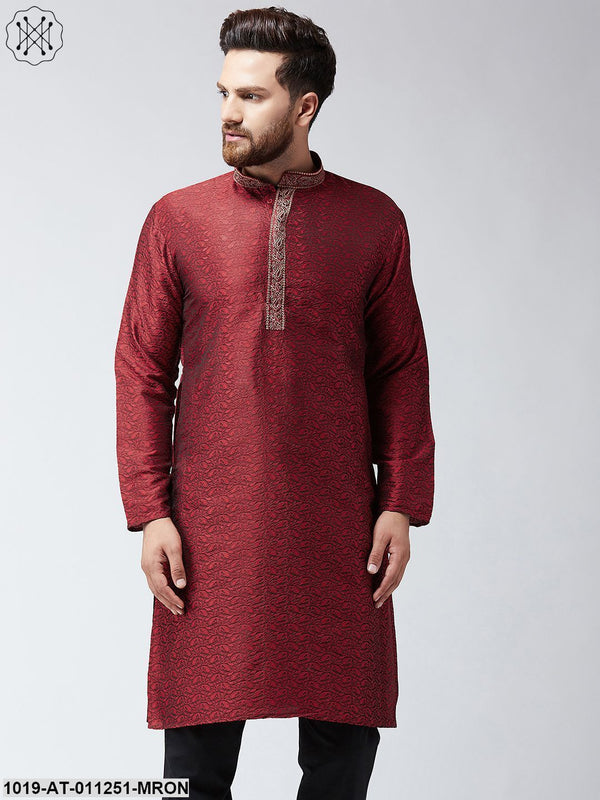 Men's Maroon Self Design Only Long Kurta - Sojanya