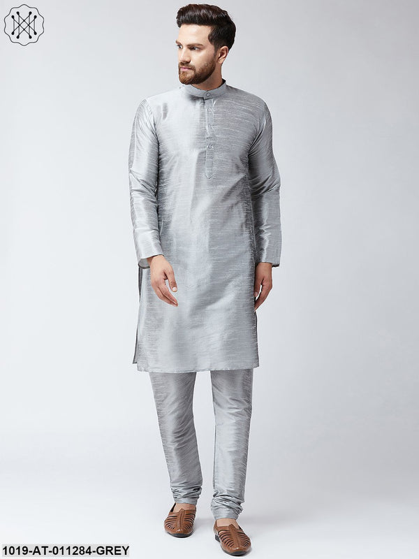 Men's Grey Dupion Silk Only Long Kurta - Sojanya