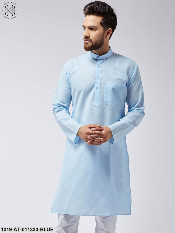 Men's Cotton Linen Sky Blue Only Long Kurta - Sojanya