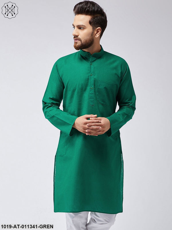 Men's Cotton Linen Dark Green Only Long Kurta - Sojanya