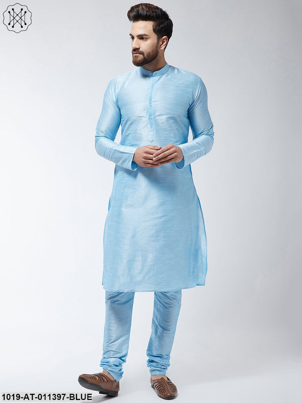 Men's Silk Blend Sky Blue Only Long Kurta - Sojanya