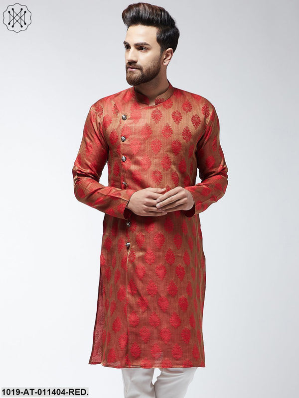 Men's Jacquard Silk Red Printed Only Long Kurta - Sojanya