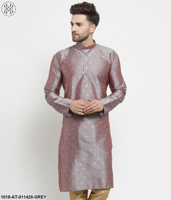 Men's Silk Blend Grey Printed Only Long Kurta - Sojanya