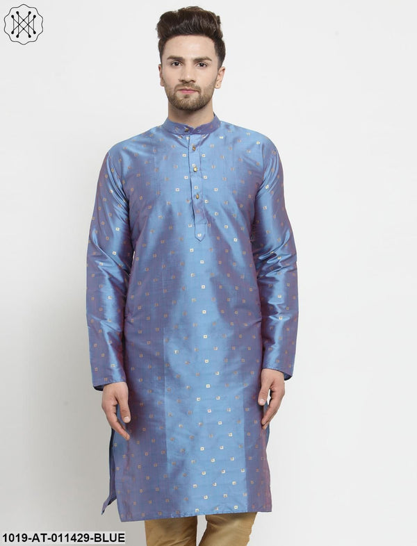 Men's Silk Blend Light Blue Printed Only Long Kurta - Sojanya