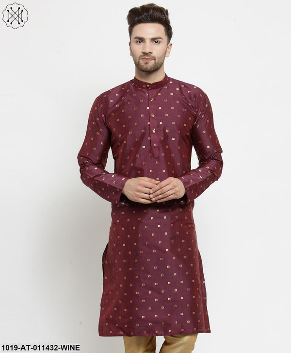 Men's Silk Blend Wine Printed Only Long Kurta - Sojanya